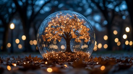 Poster - Illuminated autumn tree in glass sphere, park, night