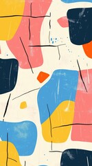 Poster - Geometric shapes interweaving in vibrant yellow, pink, blue, dark gray with black linework, revealing textural nuances against neutral beige background
