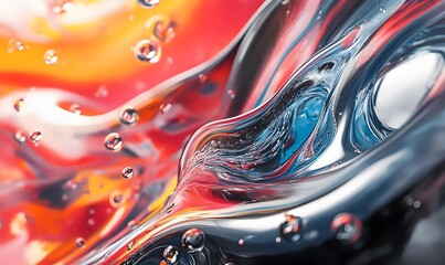 Poster - Abstract fluid art with vibrant colors and reflective water drops flowing smoothly