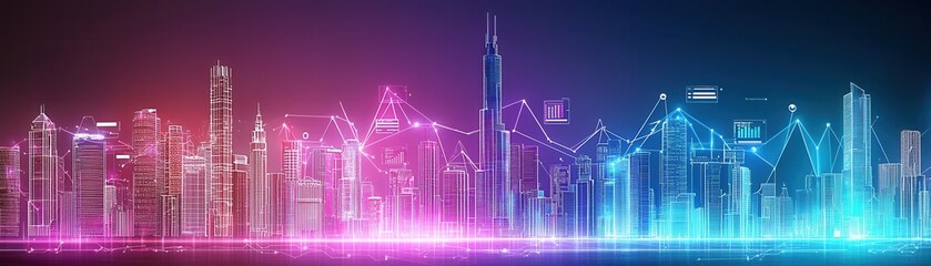 Wall Mural - Futuristic City Skyline with Digital Graphs and Data Visualizations Against Dark Background