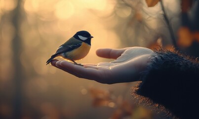 Canvas Print - A small bird rests on a hand. AI.