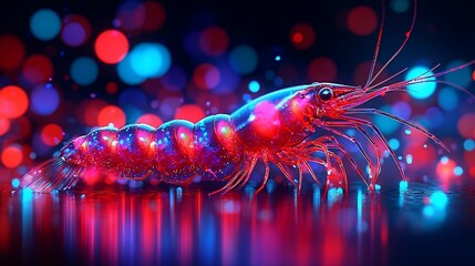 Poster - Illuminated shrimp, vibrant bokeh, dark background; food, science, art