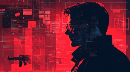 Aufkleber - Red-toned illustration of a man's profile superimposed on a digital background with a rifle.