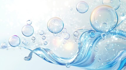 Poster - Delicate water bubbles cascading over smooth surface, capturing liquid's dynamic movement with soft light reflections creating ethereal visual harmony