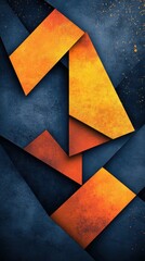 Poster - Vibrant orange and blue geometric forms intersecting across textured surface, generating dynamic abstract design with delicate golden highlights