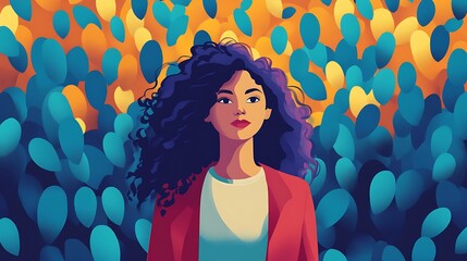 Poster - A young woman with curly hair stands against an abstract background of teal and orange shapes.