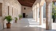 © tugkiara - Monastery Courtyard Colonnade, Sunlight & Plants, Exterior View, Peaceful Ambiance, Potential Stock Photo