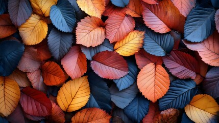 Wall Mural - A colorful pile of leaves with a variety of colors including red, orange