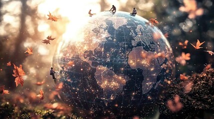 Wall Mural -  Close-up of globe with butterflies flying, sun shining through trees in background