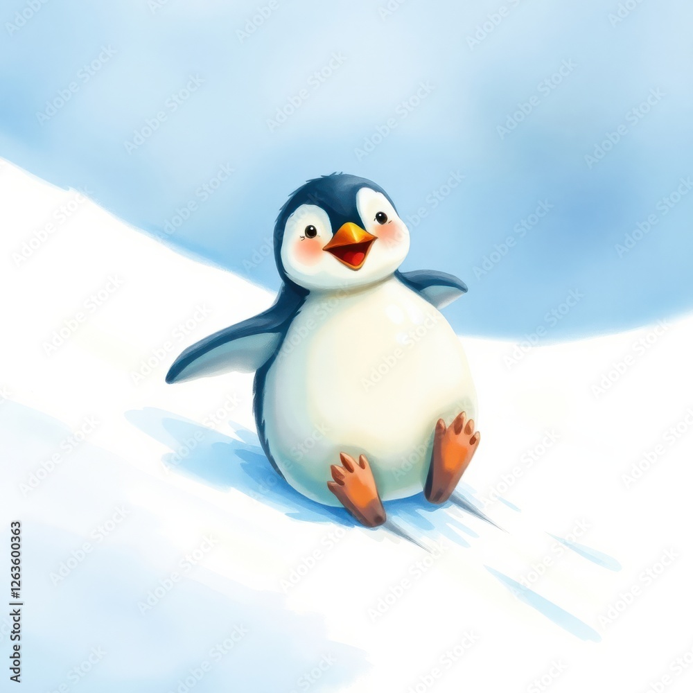 Cartoon penguin sliding down a snowy hill with its feet. Digital ...