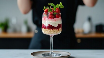 Wall Mural -   A close-up of a dessert in a wine glass resting on a table with a person in the background, out of focus