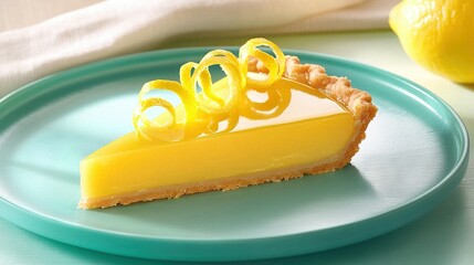 Wall Mural -   A lemon tart on a plate with a fork and a lemon slice adjacent to it