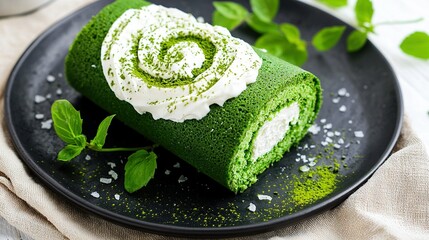 Wall Mural -   A black plate crowned with green rolled cake dusted with powdered sugar