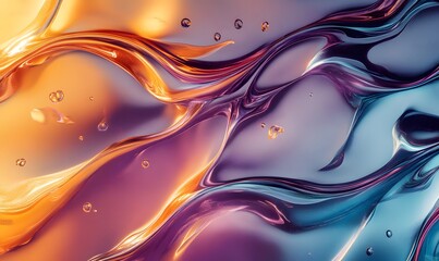 Poster - Abstract Swirling Liquid Metallic Waves Background with Floating Bubbles