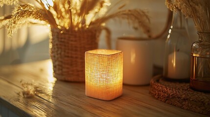 Poster - Lit candle, wooden table, autumn decor, warm light, home ambiance