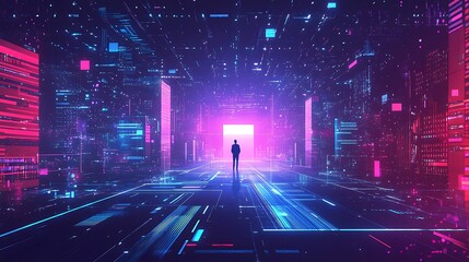 Aufkleber - Silhouette of a person standing in a futuristic neon city, facing a bright portal.