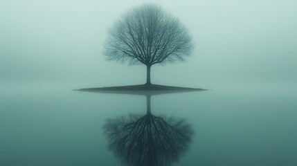 Sticker - Lonely tree reflected in misty lake; peaceful nature scene; website background