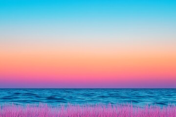 Poster - Colorful Sunset Over Calm Ocean with Pink Grass