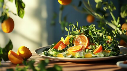 Wall Mural -   A salad-topped white plate with oranges and lettuce beside a basket of oranges