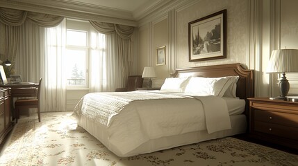 Poster - Luxurious hotel room, sunrise view, elegant decor, peaceful morning