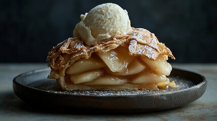 Wall Mural -   Close-up photo of a dish with a scoop of ice cream on top of a dessert