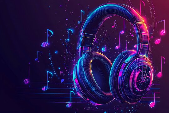 Neon-colored headphones and music notes, soundwave concept.
