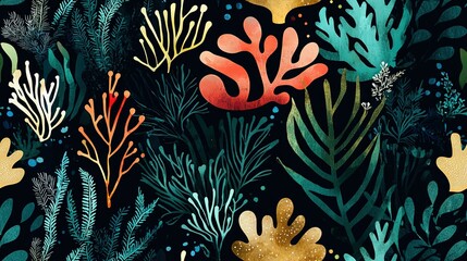 Naklejka na meble  Plants, corals, black background, gold starfish