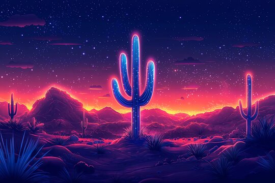 Neon cactus with glowing outline, desert at night theme.