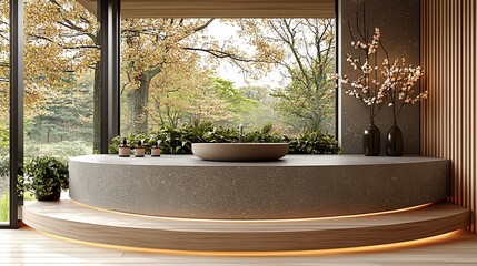 Poster - Modern bathroom, autumn garden view, serene spa, relaxation