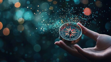 a person holding a compass in front of a blurry image of a bottle of lights