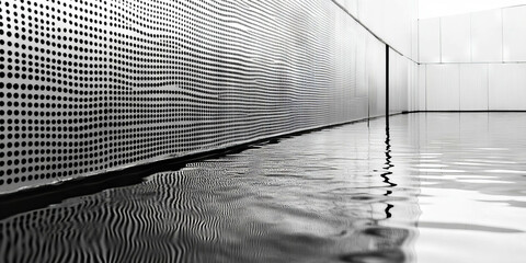 Poster - Mesmerizing reflections of mesh and aluminum along a tranquil water surface