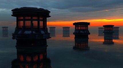 Canvas Print - Futuristic towers on water, sunset sky, reflected structures