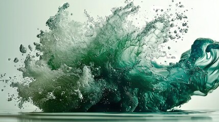 Wall Mural -   A green wave crashing onto the gray/white background while a light blue sky is visible