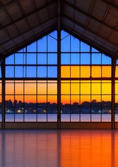 Wall Mural - Industrial hangar with sunset view from large windows