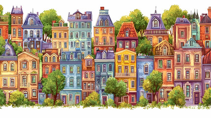 Colorful European Cityscape Seamless Pattern, Buildings, Trees, Summer, Illustration, Design