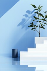 Wall Mural - Light and shadow on a modern white staircase with a plant, interior display