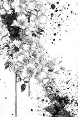 Wall Mural -   Black and white illustration depicting a bouquet of flowers affixed to a stick, featuring splashes of vibrant paint