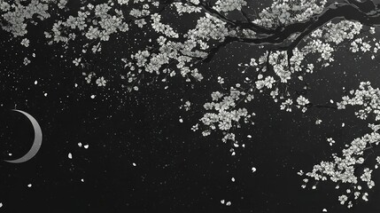 Wall Mural -   Black and white photo of a tree with white flowers under a crescent moon in the sky