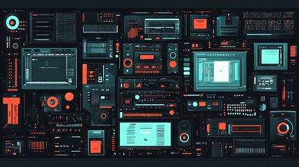 Poster - Futuristic digital audio workstation interface with multiple screens and controls.