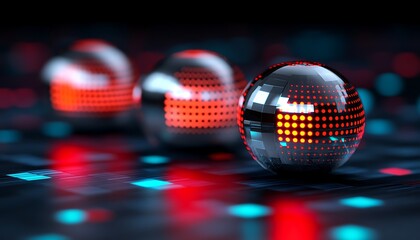 Canvas Print - Metallic spheres with LED lights on dark circuit board