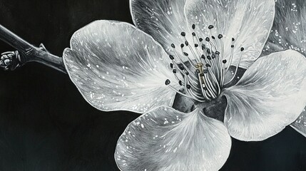 Wall Mural -   A monochrome illustration portrays a bloom adorned with droplets of liquid on its petals and stalk