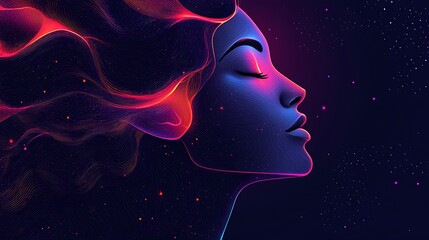 Poster - Abstract profile of a woman's face with flowing, vibrant lines and cosmic background.