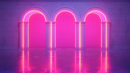 Wall Mural - Neon arches, columns, empty room, pink glow