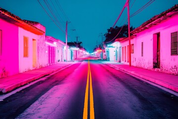 Wall Mural - Neon-lit street, colorful houses at night, town, empty road