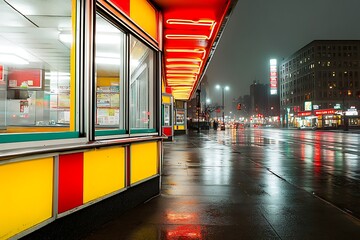 Wall Mural - Neon-lit diner on a rainy city street at night