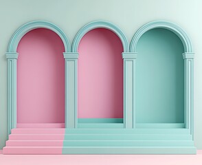 Wall Mural - Pastel Archways, Steps, Pink & Teal, Empty Display