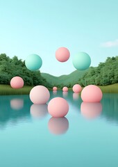 Wall Mural - Pastel spheres float above a tranquil lake in a lush forest