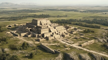 Wall Mural - Aerial view of ancient ruins in a vast landscape. Suitable for history, archaeology, or travel publications