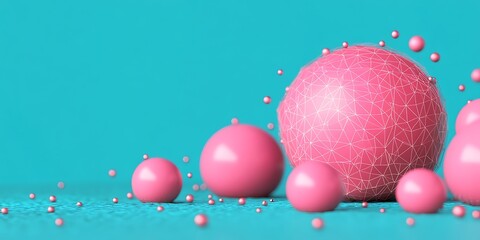 Pink spheres, turquoise background, geometric design, 3D rendering