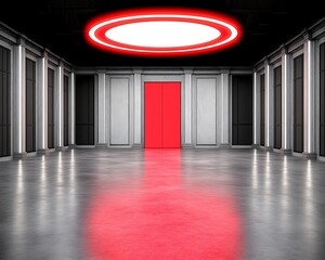 Wall Mural - Red Door in Modern Hallway with Neon Lighting